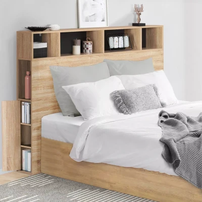 Imagen de IDMarket Cabecero de cama con pie Cleo 145 cm almacenamiento cerrado y nichos haya negro