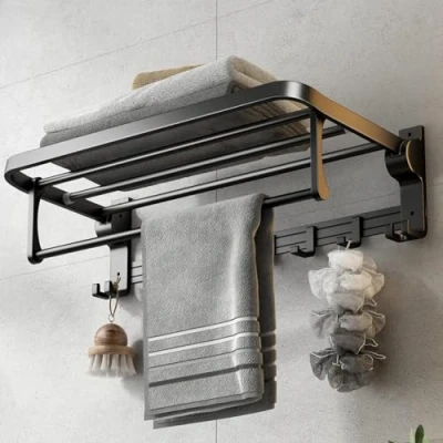 Imagen de toallero sin taladrar, negro, de baño, pared, juego accesorios, para baño y cocina, barra toalla taladrar