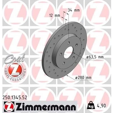 Imagen de ZIMMERMANN 250.1345.52 Disco de freno 280 12 5/5 5 108 macizo, perforado revestido FORD: MONDEO 3 Stufenheck, 3, Kombi