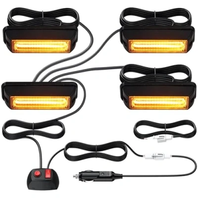 Imagen de Justech 4PCS COB LED Luces Intermitentes Ámbar de Estroboscópicas 12V / 24V Faro Advertencia Peligro con Encendedor Cigarrillos Coche para Camión Remolque Caravana Tractores