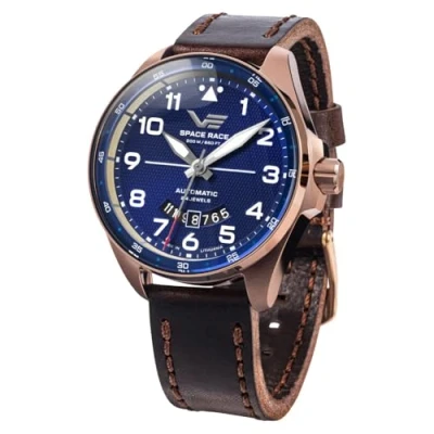 Imagen de Vostok Europe Space Race Reloj automático para hombre (20 ATM, con fecha, en diferentes variantes), oro rosa/azul/correa de cuero, Correa