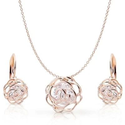 Imagen de Crystalline Azuria Mujer 18ct Chapado en Oro Rosa Flores Rosas Cristales Juego de joyas Collar con Colgante 45 cm Pendientes para Niña Boda Novia y Dama honor