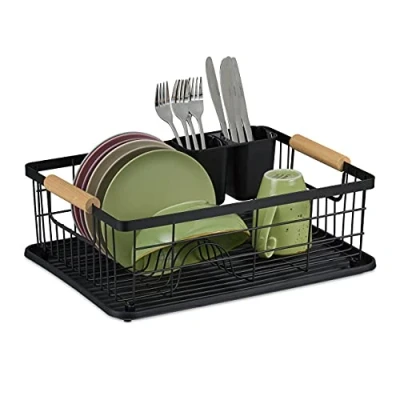 Imagen de Relaxdays Secaplatos, con Cesto de Cubiertos y Bandeja Goteo, Escurridor Platos Plástico, Metal, en Color Negro, 15,5 x 42 31 cm