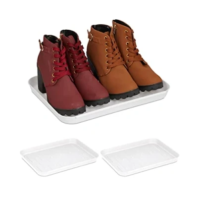 Imagen de Relaxdays Bandeja Zapatos, Set de 3, Base para Zapatillas Mojadas, 3 x 35 27 cm, Práctico Posazapatos Plástico, Blanco