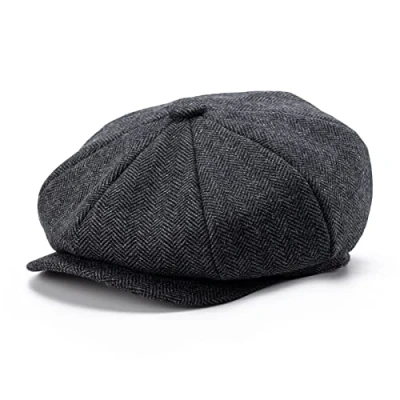 Imagen de BoTVELA Gorra plana para hombre, 8 piezas, mezcla de lana, diseño espiga, en 5 colores clásicos Negro ( X Large