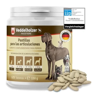 Imagen de los comprimidos condroprotector perros para articulaciones Veddelholzer con MSM, harpagófito glucosamina colágeno fortalecer huesos, fabricadas en Alemania, 125 cápsulas hialurón y Omega3