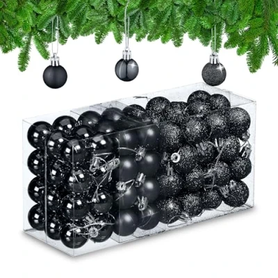 Imagen de Relaxdays Set 96 Bolas Árbol Navidad, Bolitas Navideñas Brillantes, con Purpurina y Mate, Adornos de Plástico, Negro, 12 x 23,5 9 cm