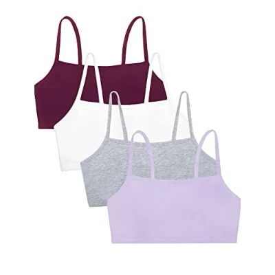 Imagen de Fruit of the Loom Spaghetti Strap Cotton Pullover Sports Bra Value Pack Sujetador Deportivo, Opaco, Morado/Blanco/Lila/Gris, 64 4 para Mujer