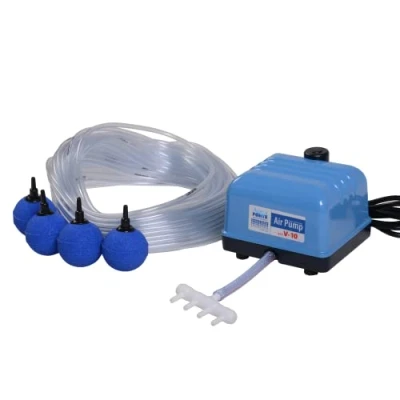 Imagen de AquaForte juego de bomba aire, Hi Flow V 10, completo con distribuidores 25 m manguera 4 x 6 mm y piedras aire 5 cm, capacidad a 1,2 l/m, estanque máxi m3