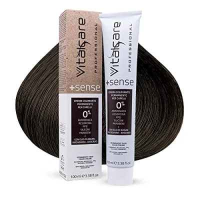 Imagen de Vitalcare +Sense Color Permanente Profesional, Coloración en Crema, Sin Amoniaco, Resorcina, PPD, Siliconas Con Argán, Macadamia y Aceite de Aguacate, 3/00 Castaño Oscuro, 100ml