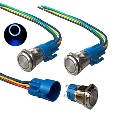 Imagen de QitinDasen 3Pcs Premium 12V / 24V 5A Interruptor de Botón Momentáneo, 19mm Metálico, LED Azul Pulsador Impermeable IP67 con Enchufe Cable