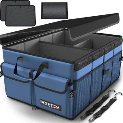 Imagen de FORTEM Organizador de Maletero Coche y SUV para Almacenamiento Caja Plegable con 2 Compartimentos Estándar Base Antideslizante Cinchas Ajustables Tapa Extraíble (Azul)