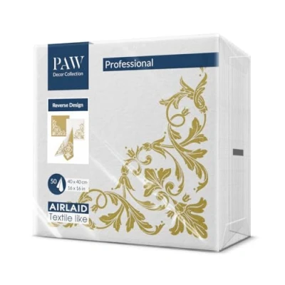 Imagen de PAW Servilletas Papel Airlaid (40 x 40 cm) I 50 Piezas Ideal para Bodas, Bautizos, Comuniones, Cumpleaños Decoración de Mesa Reverso Motivo Dorado Blanco