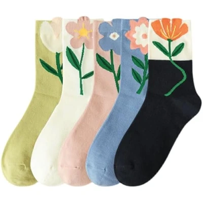 Imagen de RosyClouds calcetines de algodón para mujer y niña, 5 pares flores deportes uso diario, flores, Talla única