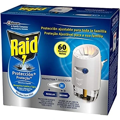 Imagen de Raid Eléctrico Líquido Protección+ 60 noches Enchufe anti mosquitos comunes y tigre con difusor regulable. Incluye aplicador recambio
