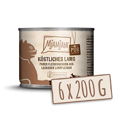Imagen de MjAMjAM comida húmeda premium para gatos puro disfrute de la carne delicioso cordero, paquete 6 (6 x 200 g), sin cereales con extra