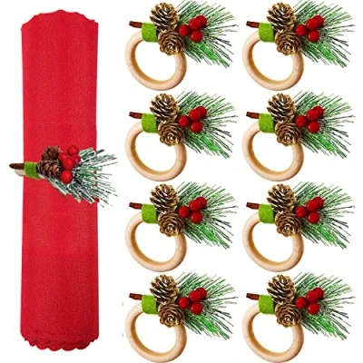 Imagen de KAHEIGN 8 Piezas Servilleteros Navideños, de Madera con Cono Pino Baya Roja Copo Nieve Hebilla Servilleta Rústica por Navidad Almuerzo Acción Gracia Año Nuevo Mesa Decoración