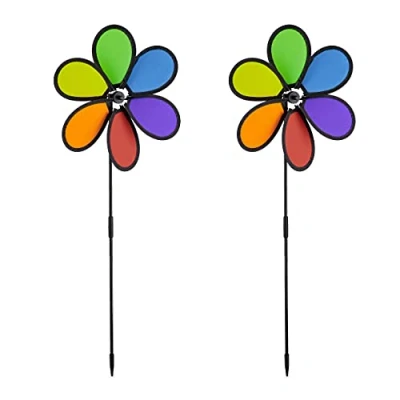 Imagen de Relaxdays Molinillos de Viento, Set 2, Decoración Jardín, Balcón y Terraza, 66 x 27 7cm, Molinete con Flor, Multicolor