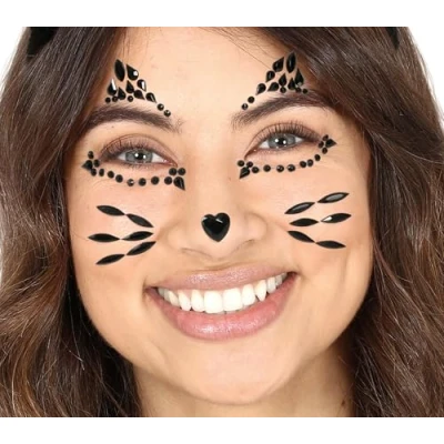 Imagen de Fiestas GUIRCA Joyas Faciales Adhesivas Gatita para Mujer Accesorio de Maquillaje Halloween y Temáticas Ideal Disfraz Gata Murciélago Celebraciones Negro