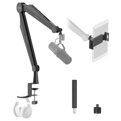 Imagen de IXTECH Brazo de micrófono para Blue Yeti Shure Sm7b Hyperx QuadCast Rode At2020 y soporte mejorado Fifine con tableta auriculares juegos, podcasting transmisión,