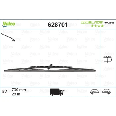 Imagen de Limpiaparabrisas Valeo Optiblade Trucks 628701 700mm ambos lados Estándar sujeción por gancho con boquilla incorporada de lavado, conducto