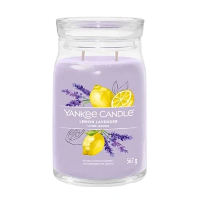 Imagen de Yankee Candle Vela perfumada Signature en tarro grande de lavanda limón con doble mecha, mezcla cera soja