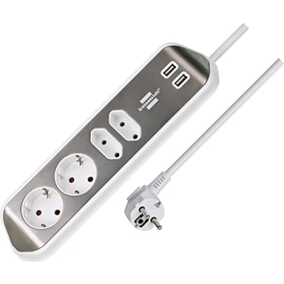 Imagen de brennenstuhl®Estilo regleta de enchufes en Forma Esquina con 4 Tomas Corriente para Cocina, Oficina y encimera (montable sin perforación, Carga USB, Cable 2m) Plata/Blanco