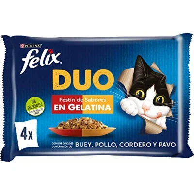 Imagen de Purina Felix Fantastic Duo, Comida Húmeda para Gato Adulto Pack Surtido Carnes, 12 paquetes de 4 sobres 85g 48