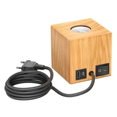 Imagen de ledscom.de lámpara de mesa HITO, interruptor, USB, madera auténtica (árbol caucho), cuadrada, marrón claro, 1x E27 máx. 60W, escandinava, mesilla noche, nórdica, minimalista,