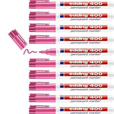 Imagen de edding 400 marcador permanente rosa 10 rotuladores punta fina redonda 1 mm resistente al agua, de secado rápido, indelebles para cartón, plástico, madera, metal, vidrio