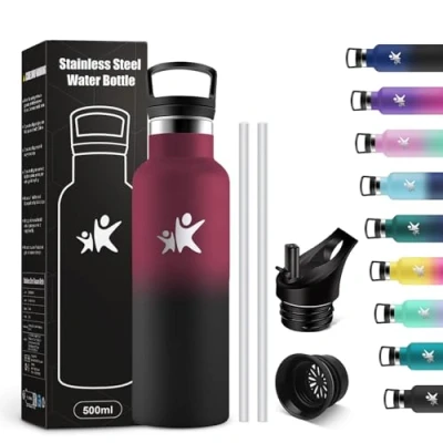 Imagen de KollyKolla Botella Termica Niños 500ml, Agua con Pajita, Fácil de Limpiar, Reutilizable, Cantimplora Termica, Sin BPA, a Prueba Fugas, para Niña, Niño, Escuela, Camping, Colegio, Viaje