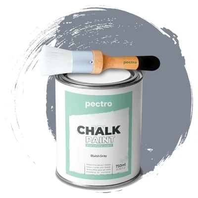 Imagen de PECTRO Pintura a la Tiza para Muebles 750ml + Brocha de Madera especial Pack sin lijar Chalk Paint Efecto Colores (Gris Azulado)