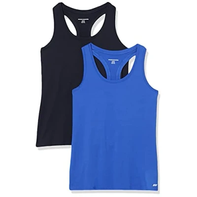 Imagen de Amazon Essentials Camiseta Técnica con Espalda Deportiva en Tejido Elástico (Disponible Tallas Grandes) Mujer, Pack de 2, Azul Brillante/Negro, M