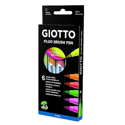 Imagen de Giotto Turbo Soft Brush, Rotuladores con Punta de pincel, Pincel soluble al agua, Colores Fluo Surtidos, 6 unidades