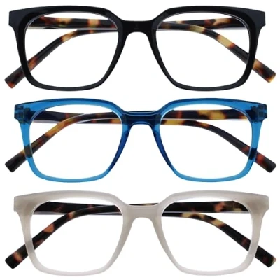 Imagen de OPULIZE KOI Gafas de Lectura Pack 3 Elegante Marco Rectangular Ancho Negro/Azul/Gris Hombre Mujer Bisagras Muelle RRR50 137 +3.00