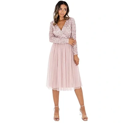 Imagen de Maya Deluxe Vestido Midi Adornado con La Parte Delantera de Deformación Falsa Dama Honor, Rosa Esmerilado, 46 para Mujer