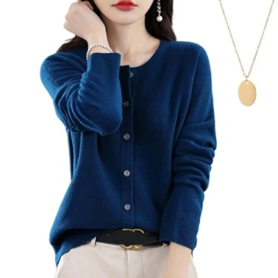 Imagen de behound Women&#039;s Cashmere Cardigan Sweater, Button Front Long Sleeve Crewneck Knit Sweater (2XL,Algae Blue)