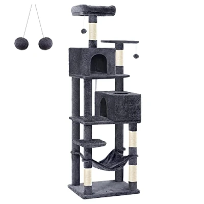 Imagen de Feandrea Árbol para Gatos de 191 cm Altura, Rascador con 5 Postes, 2 Plataformas, Cuevas, Hamaca, Pompones, Felpa Multicapa, Gris Ahumado PCT191G01
