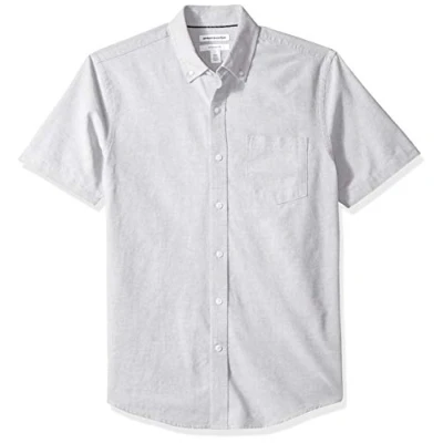 Imagen de Amazon Essentials Camisa Oxford con Bolsillo de Manga Corta y Ajuste Entallado Hombre, Gris, S