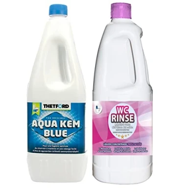 Imagen de Thetford Aqua KEM Blue + Awaking Rinse 2L, Pack Aditivos para Aguas Negras de Caravanas y Cisterna, Depósito Residuos Agua Cisterna Autocaravanas, Sanitary Fluid, Líquido Potty, WC Quimico