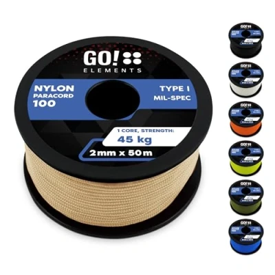 Imagen de GO!elements Paracord cuerda de supervivencia (50 m, 2 mm, resistente a desgarros, hasta 45 kg, apta como multiusos, albañilería, color arena)