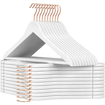 Imagen de SONGMICS Percha de Madera Maciza, Juego 20, con Ranuras para Hombros, Barra Antideslizante Pantalones, Gancho Giratorio 360, Trajes, Camisas, Abrigos, Blanco y Oro Rosa CRW001W01
