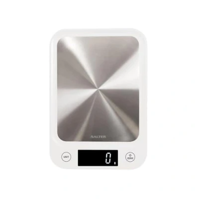 Imagen de Báscula de cocina digital electrónica Salter 1105 SSWHDR acero inoxidable, capacidad máx 5 kg, diseño fino, pantalla retroiluminada, fácil limpiar balanza para cocina, mide líquidos, blanca