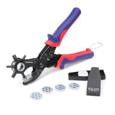 Imagen de WORKPRO Alicates Sacabocado Agujero, Perforadora Puzones de 6 Tamaños 3,5 7,5 mm(Redondos, Rectangulares, Ovaladas), Sacador para Cuero Piel Cinturones Correas con Placas