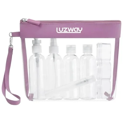 Imagen de Neceser Transparente, LUZWAY Bolsa de Cosméticos Impermeable, Aseo Claro PVC + 8 Botellas Viaje (MAX.100ml), Transporte Líquidos en Avión para Mujer y Hombre (Morado Taro)