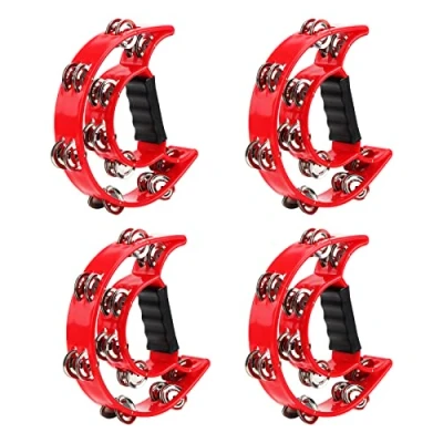 Imagen de JOIKIT 4 panderetas de doble fila, pandereta roja media luna con cascabeles metal mano para músicos y cantantes