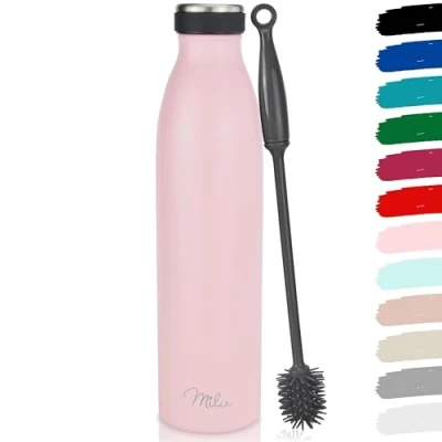 Imagen de Milu botella de acero inoxidable 350 ml, 500 750 1 L, 1,5 agua térmica aislante, a prueba fugas, doble pared, apta para bebidas con gas (rosa, L)