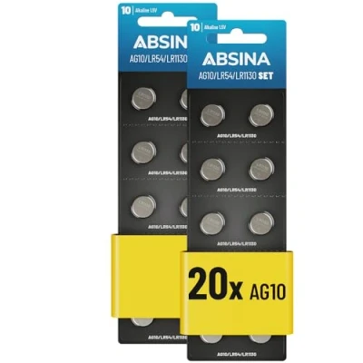 Imagen de ABSINA 20x AG10 LR1130 Pilas de Boton 1,5V alcalina, a Prueba Fugas y Larga duración LR54 / V10GA RW49 G10A 189 GP189 L1130 89A Pila AG10, LR1130,