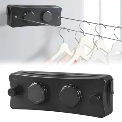 Imagen de Tendedero Retractil Ajustable 5.1M, Extensible Pared 2 Cuerdas, Inoxidable Cuerda Retráctil Línea de Lavandería para Interiores y Exteriores(Negro)