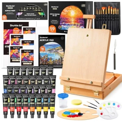 Imagen de Shuttle Art 59 Piezas Kit Pintura Acrílica, Caballete con 30 Colores Tubos de Lienzo, Pinceles y Paleta, Maletin Pinturas para Niños, Adultos, Artistas